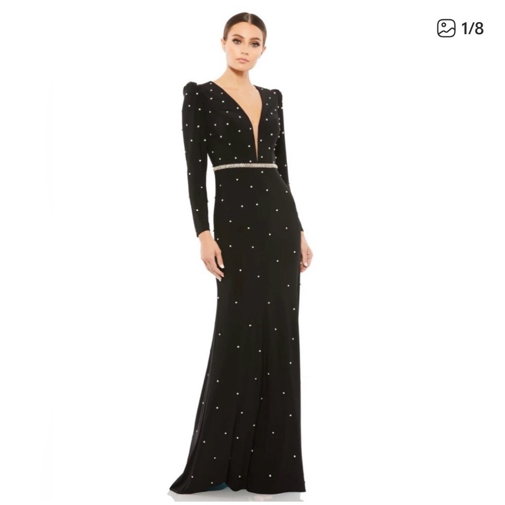 Ieena for Mac Duggal rhinestone puff sleeve gown